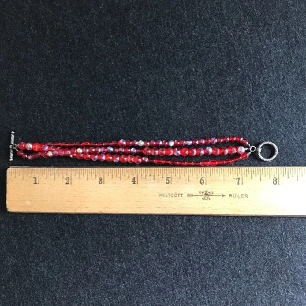 Vintage Handmade Triple Strand Red Aurora Borealis Czech Glass Sterling Clasp